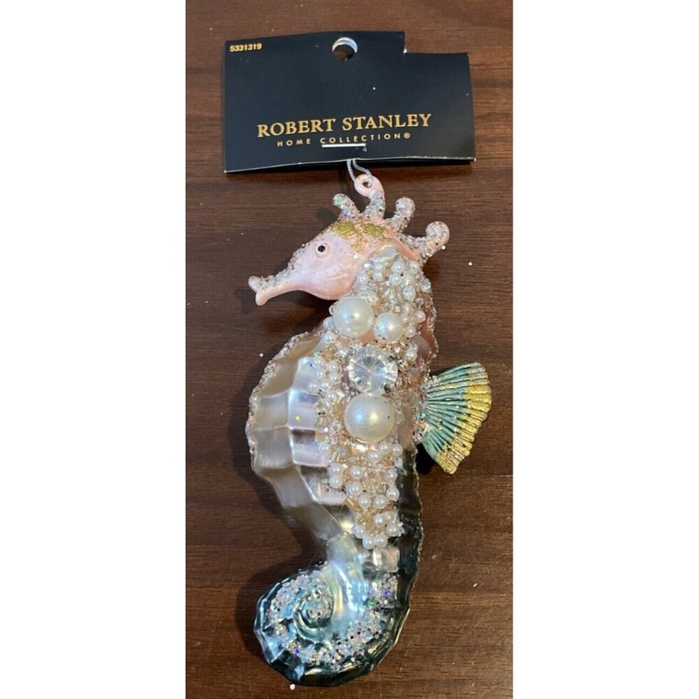 Robert Stanley Seahorse Pearl Glitter Glass Nautical Christmas Ornament NEW